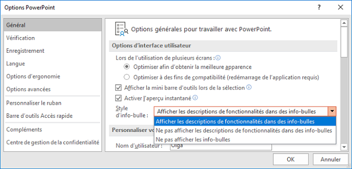 Style d'info-bulle dans Options PowerPoint 2016