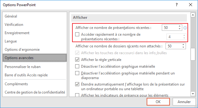 Options avancées dans PowerPoint 2016