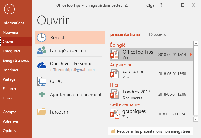 Le fichier épinglé dans PowerPoint 2016