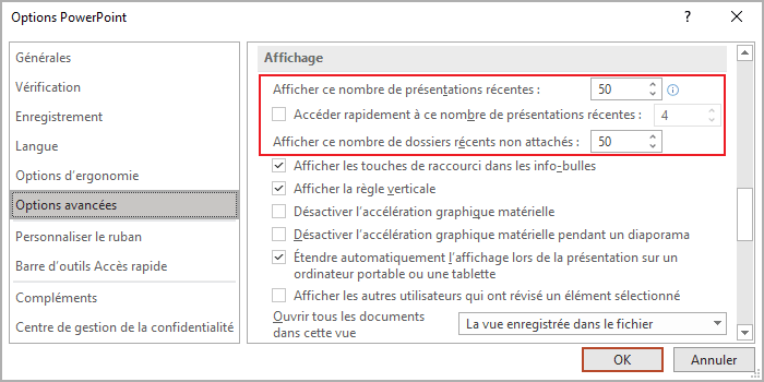 Options avancées dans PowerPoint 365