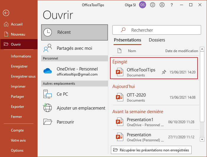 Le fichier épinglé dans PowerPoint 365