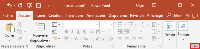 Le bouton Réduire le ruban dans PowerPoint 2016
