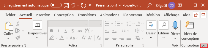 Le bouton Réduire le ruban dans PowerPoint 365