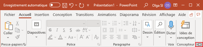 Le bouton Attacher le ruban dans PowerPoint 365