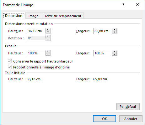 La boîte de dialogue Format de l'image dans Excel 2016