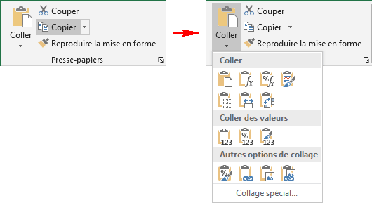Les boutons de Coller dans Excel 2016