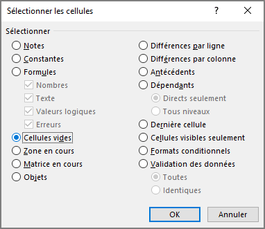 Boîte de dialogue Sélectionner les cellules Excel 365