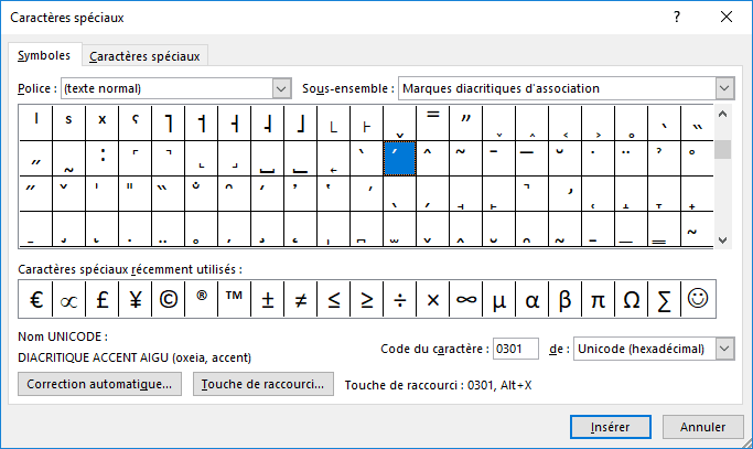 Ajouter le symbole à X dans Word 2016