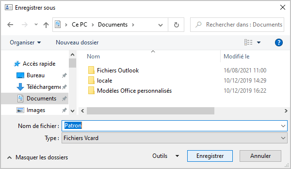La boîte de dialogue Enregistrer sous dans Outlook 365