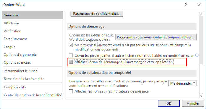 La boîte de dialogue Options Word 2016