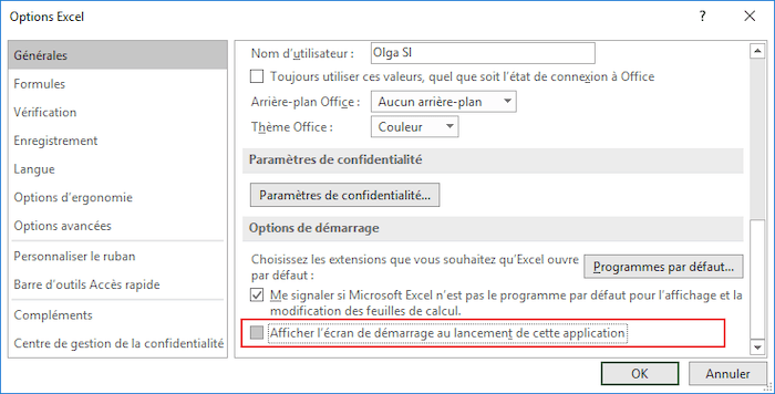 La boîte de dialogue Options Excel 2016