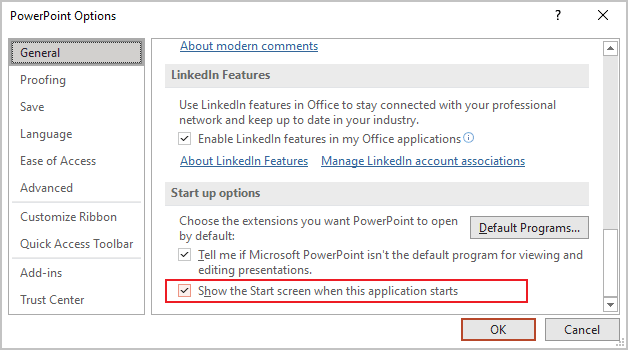 Afficher l’écran de démarrage dans Options PowerPoint 365