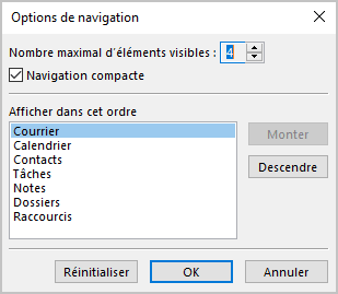 La boîte de dialogue Options de navigation dans Outlook 365
