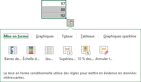 Analyse rapide dans Excel 2016