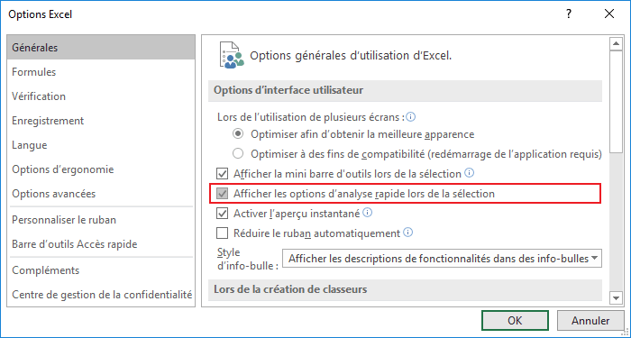 Afficher les options d’analyse rapide lors de la sélection dans Excel 2016