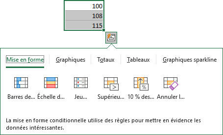 Analyse rapide dans Excel 365