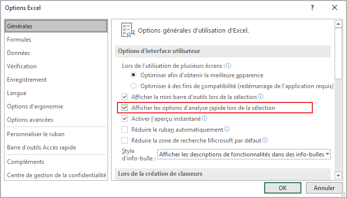 Afficher les options d’analyse rapide lors de la sélection dans Excel 365