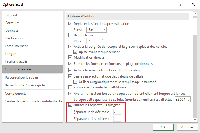 Options avancées Excel 2016