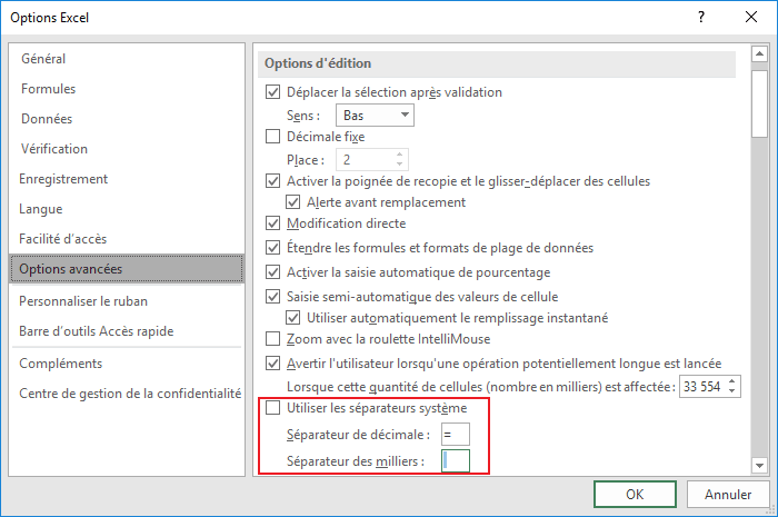 Séparateur de décimale Excel 2016