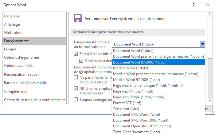 Enregistrer les fichiers au format suivant dans Options Word 2016