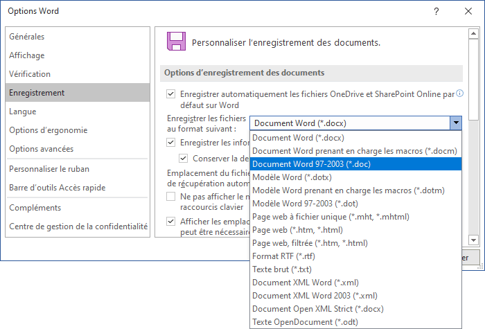 Enregistrer les fichiers au format suivant dans Options Word 365