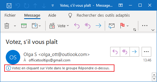 Message d'information dans Outlook 365