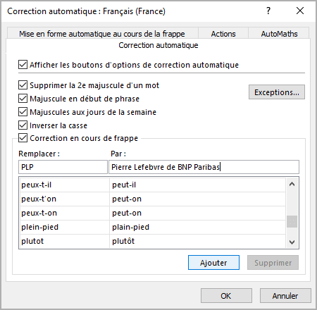 La boîte de dialogue Correction automatique dans Excel 365