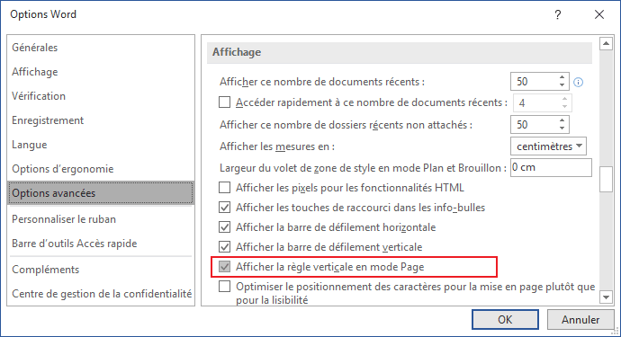 Afficher la règle verticale en mode Page dans Word 2016