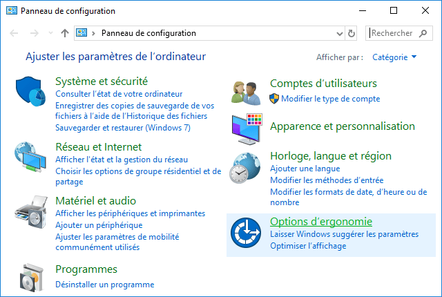 Options d'ergonomie Windows 10