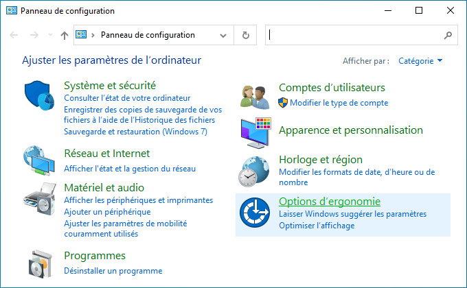 Options d'ergonomie Windows 10
