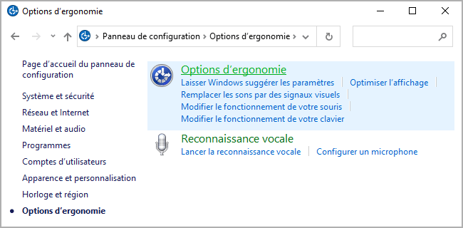 Options d'ergonomie 2 Windows 10