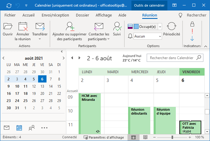 Exemple de Calendrier dans Outlook 365