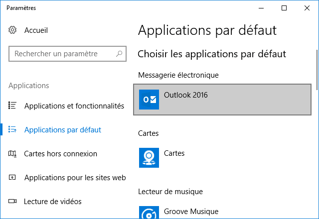 Paramètres de Programmes par défaut Windows 10
