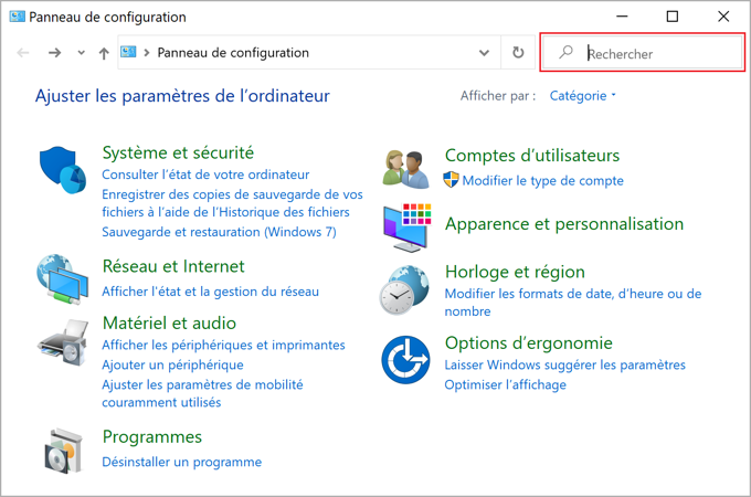 Rechercher dans le Panneau de configuration Windows 10
