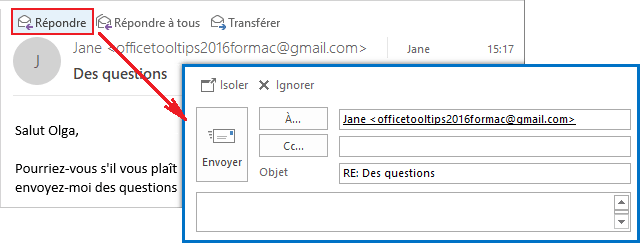 Ouvrir les réponses et les transferts dans une nouvelle fenêtre Outlook 2016