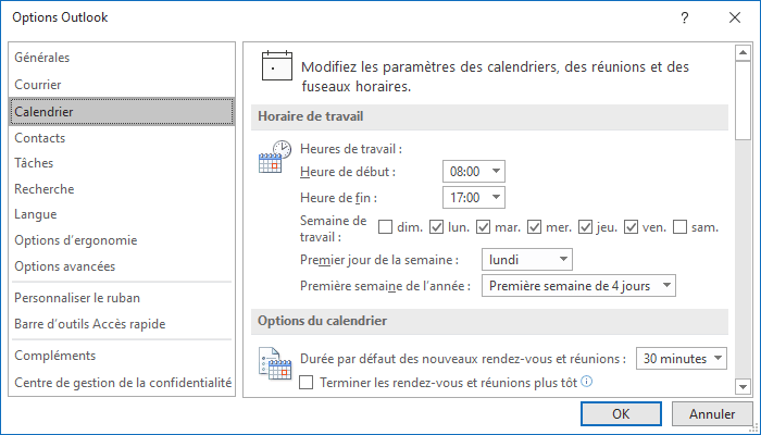Calendrier Options Outlook 365