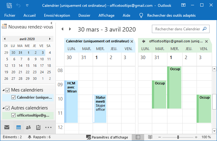 Le calendrier partagé dans Outlook 2016