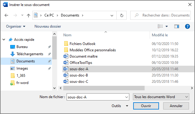 Insérer le sous-document dans Word 365