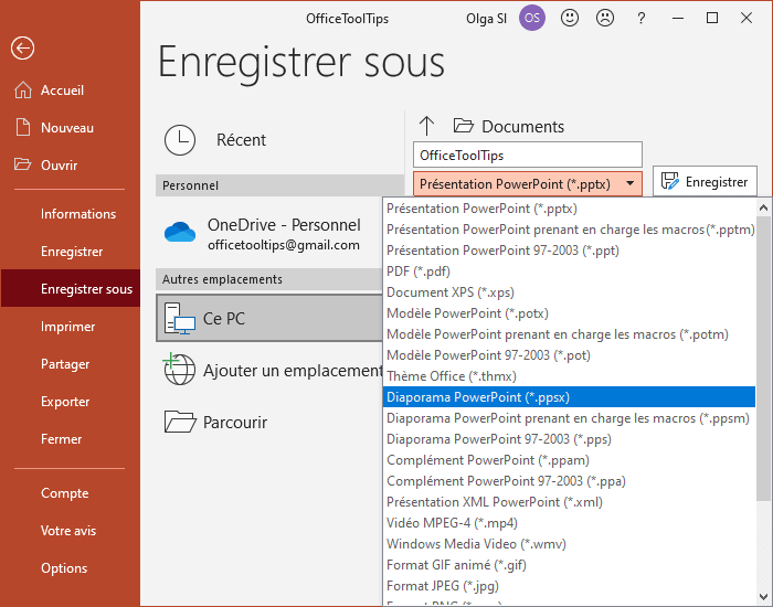 Enregistrer sous Diaporama PowerPoint dans PowerPoint pour Microsoft 365