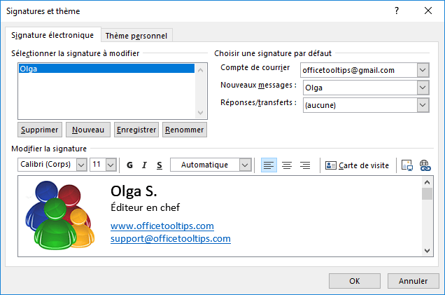 Signatures et thème Outlook 2016