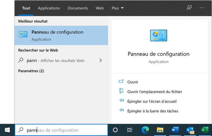 Panneau de configuration dans Cortana Recherche Windows 10