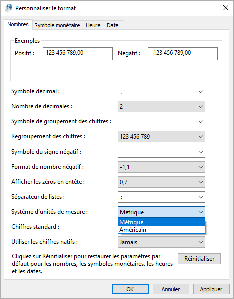 La boîte de dialogue Personnaliser le format Windows 10