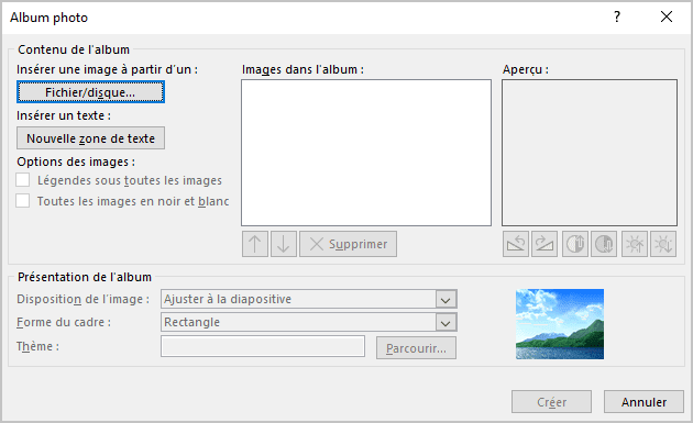 La boîte de dialogue Album photo dans PowerPoint pour Microsoft 365