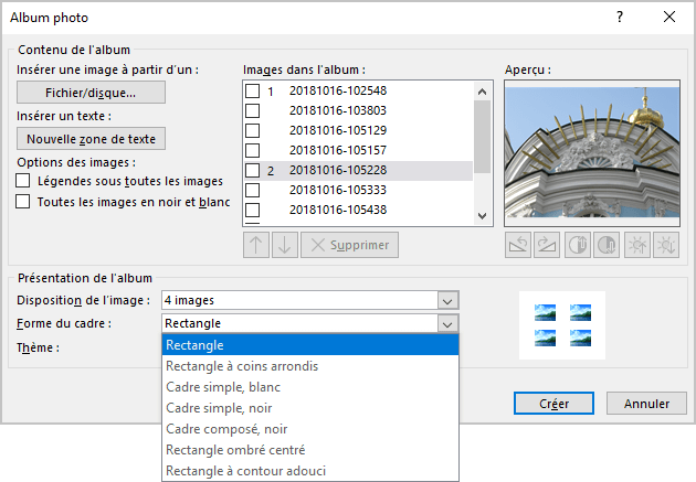 Forme du cadre dans Album photo PowerPoint pour Microsoft 365