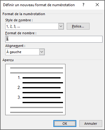 La boîte de dialogue Définir un nouveau format de numérotation Word 365