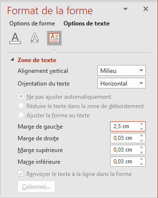 Des marges différentes dans Format de la forme PowerPoint 365