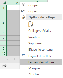 Largeur de colonne dans le menu contextuel Excel 2016