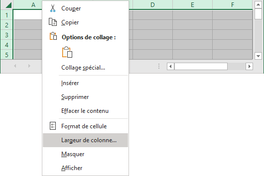 Largeur de colonne dans le menu contextuel Excel 365