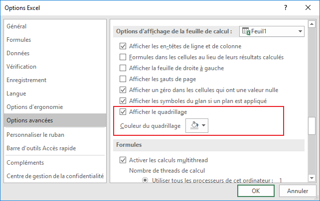 Couleur du quadrillage dans Excel 2016