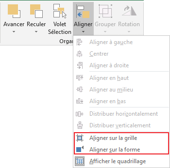 Aligner sur la grille et Aligner sur la forme dans Excel 2016